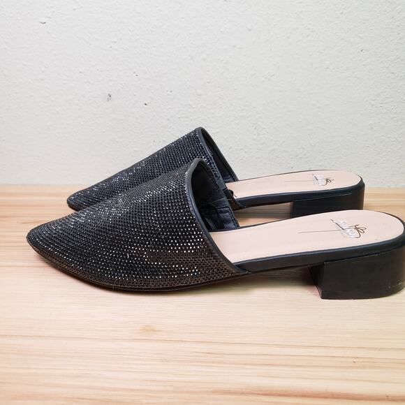 Bisou Bisou Size 8 Loretta Rhinestone Mules Black Low Chunk Heel Office Siren - Picture 1 of 10